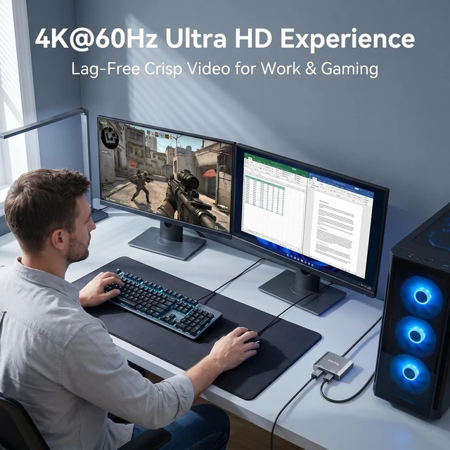 Alt view image 2 of 5 - Kderfolg DisplayPort to Dual HDMI Splitter 1 in 2 Out, 4K 60Hz DP 1.4 to HDMI 2.0 Adapter for PC/Laptop Monitors (Windows Extended Mode ^^ MacOS Mirror Only) - Grey