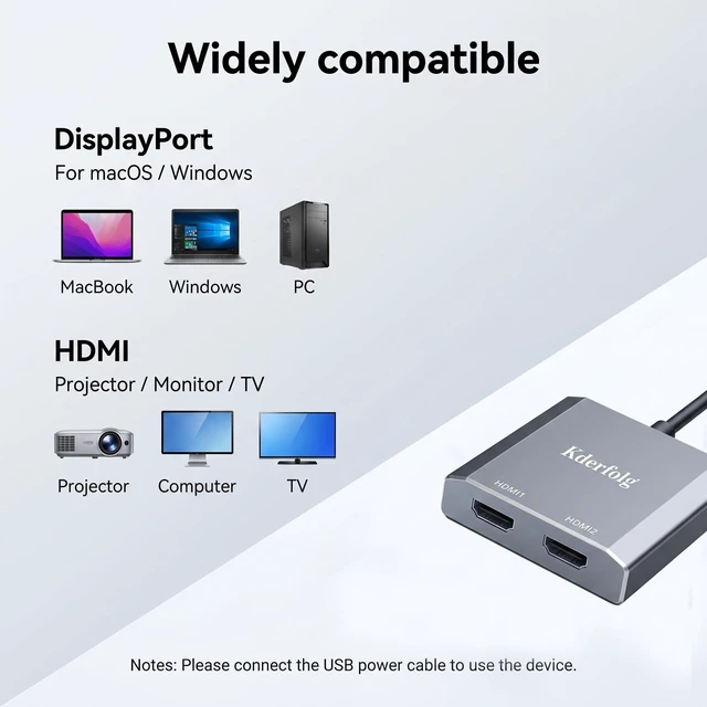 Alt view image 5 of 5 - Kderfolg DisplayPort to Dual HDMI Splitter 1 in 2 Out, 4K 60Hz DP 1.4 to HDMI 2.0 Adapter for PC/Laptop Monitors (Windows Extended Mode ^^ MacOS Mirror Only) - Grey