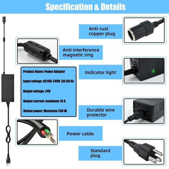 Alt view image 3 of 5 - AC to DC Converter 24V 10A 240W Power Supply with Cooling Fan 110V to 12V Converter Transformer Cigarette Lighter Socket Power Adapter for Car Fridge, Vacuum, Tire Inflator, Portable Humidifier