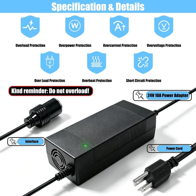 Alt view image 4 of 5 - AC to DC Converter 24V 10A 240W Power Supply with Cooling Fan 110V to 12V Converter Transformer Cigarette Lighter Socket Power Adapter for Car Fridge, Vacuum, Tire Inflator, Portable Humidifier