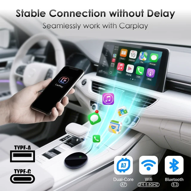 Alt view image 2 of 5 - Emanjor Wireless CarPlay Adapter for Apple iPhone, Converts Wired to Wireless Mini USB Car Play Adapter, Compatible with iPhone iOS 10+, Only for Cars with Built-in Carplay