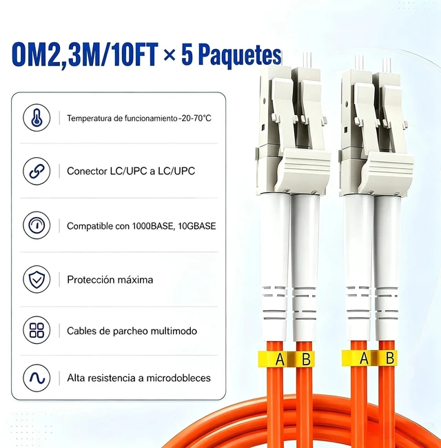 Alt view image 2 of 5 - SK-LINK OM2 LC-LC UPC Fiber Optic Patch Cord 3m/10ft 5-Pack Multimode