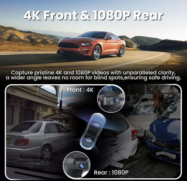 Alt view image 2 of 5 - TVFEA 4K Dash Cam Front and Rear ^^ 3840P UHD Dual Dash Camera for Cars with WiFi & 64GB Card ^^ 3.18" IPS Screen, Zinc Alloy Metal Shell, Super Night Vision, G-Sensor, 24H Parking Mode