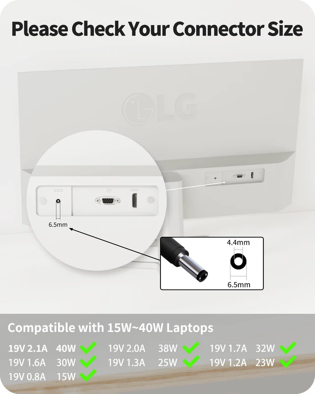 Alt view image 4 of 5 - for LG Power Cord, 19V DC in 19V Power Supply for LG Monitor 32" 27" 24" 23" 22" 20" 19" LCD LED HD TV Monitor AC Adapter for Widescreen