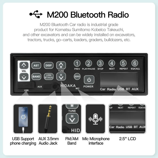 Alt view image 3 of 5 - M200 Universal Car Bluetooth Radio 12V/24V Heavy Duty Stereo with USB AUXin AM/FM OEM Replacement for Komatsu Kobelco Sumitomo Excavator Heavy Equipment Parts