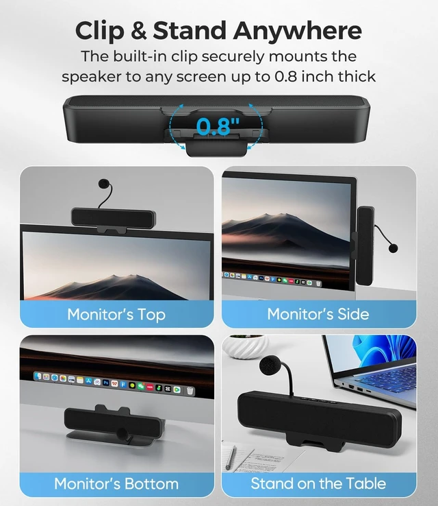 Alt view image 4 of 5 - Plyee Computer Speakers with Detachable Microphone, Clip-On Monitor Design