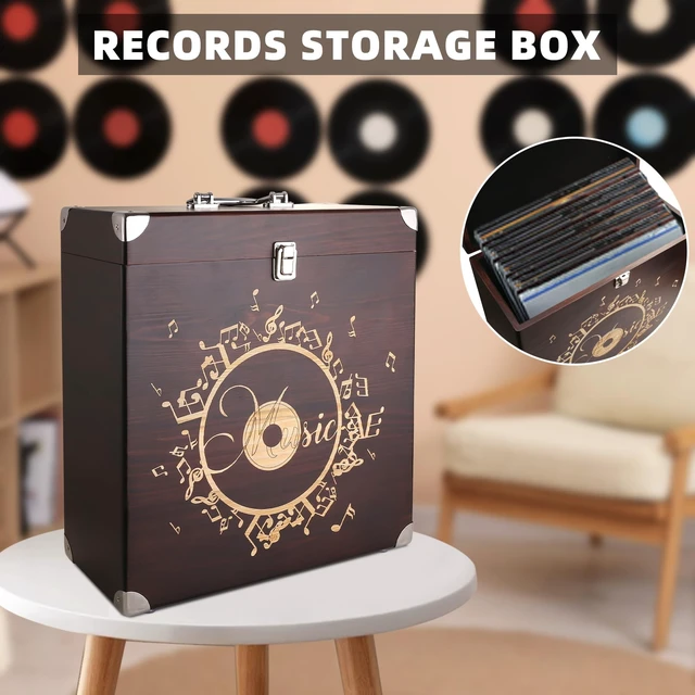 Alt view image 3 of 5 - Siondoux Vinyl Record Storage Box Vintage Record Crate Carrying Case, Wooden CD Storage Box Fits Records Album Tape, Album storage for Vinyl Records, Vinyl Organizer with Lock Holds 30 Albums
