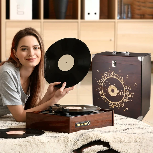 Alt view image 4 of 5 - Siondoux Vinyl Record Storage Box Vintage Record Crate Carrying Case, Wooden CD Storage Box Fits Records Album Tape, Album storage for Vinyl Records, Vinyl Organizer with Lock Holds 30 Albums
