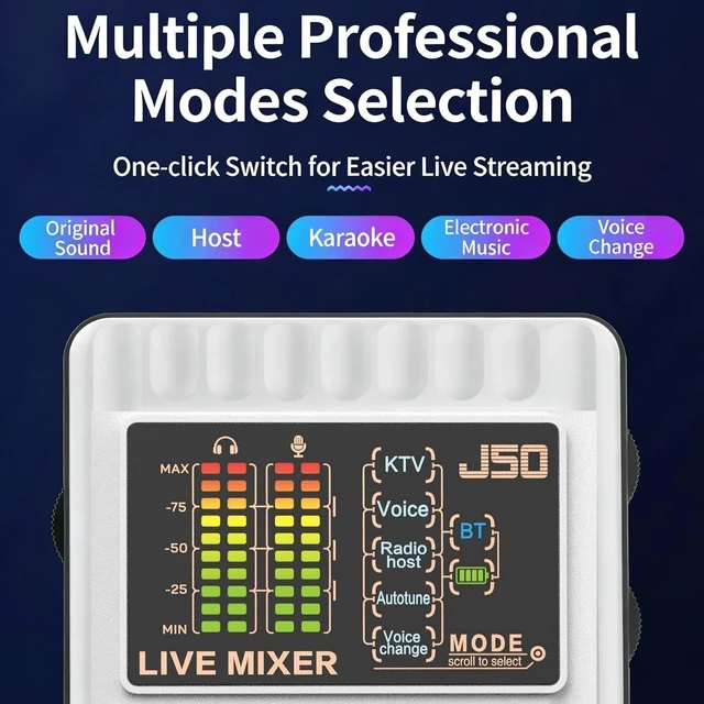 Alt view image 5 of 5 - J50 Portable Live Sound Card with Noise Reduction, 5 Voice Changers & 12 Sound Effects - One-CClick Plug & Play Audio Mixer for Live Streaming, Karaoke & Recording