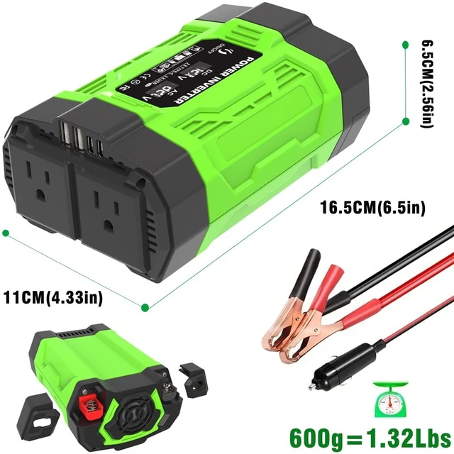 Alt view image 2 of 5 - RFYD AUTO Car Power Inverter, 12V DC to110V AC Converter, Dual USB & Type-C Ports, Compact 6.5x4.3 inch, Green/Black