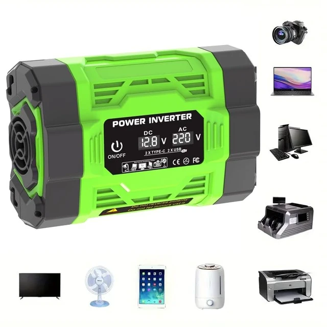 Alt view image 3 of 5 - RFYD AUTO Car Power Inverter, 12V DC to110V AC Converter, Dual USB & Type-C Ports, Compact 6.5x4.3 inch, Green/Black