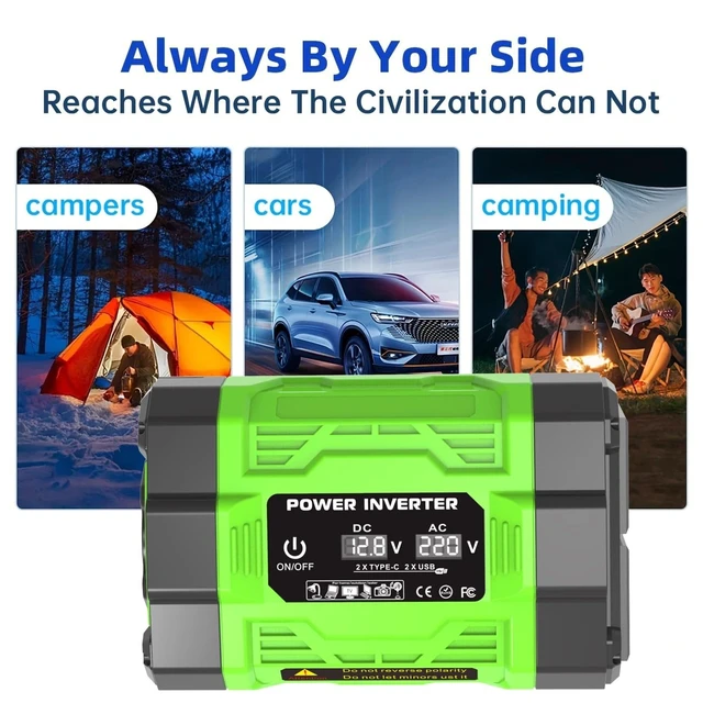 Alt view image 5 of 5 - RFYD AUTO Car Power Inverter, 12V DC to110V AC Converter, Dual USB & Type-C Ports, Compact 6.5x4.3 inch, Green/Black