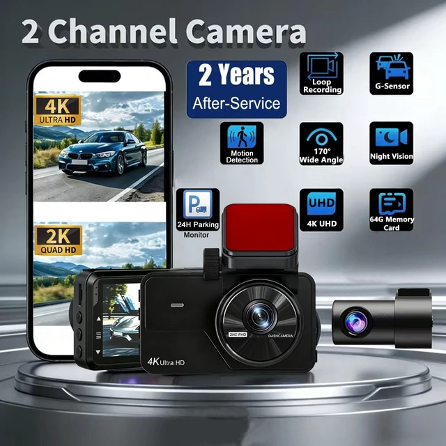 Alt view image 2 of 5 - Dual Dash Cam Front and Rear, 4K+2K Dash Camera for Cars, Front Rear Dashcam G-Sensor, 170 Wide Angle, 3" IPS Screen, 24H Parking Monitor, Loop Recording, WiFi & APP Control, with 64GB Card