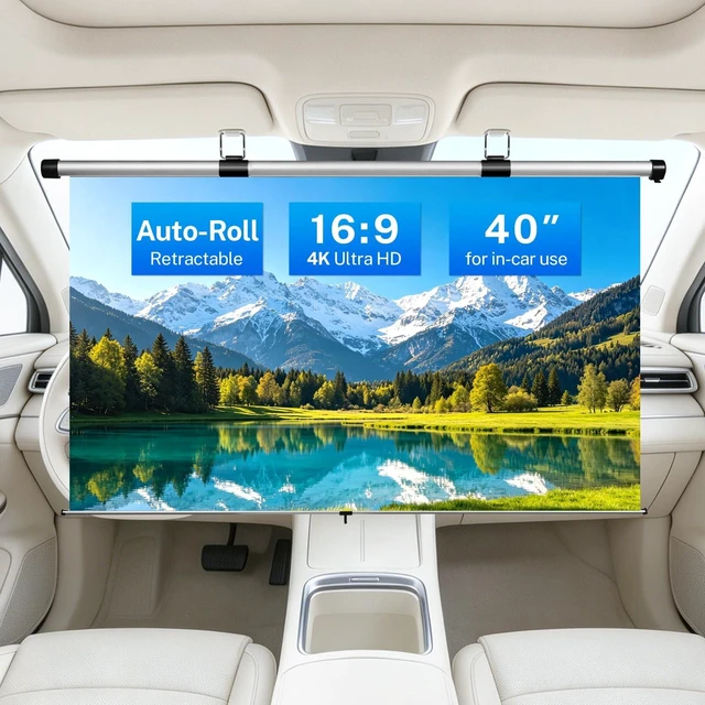 Main image of 40 Inch Retractable Projector Screen for Car with Adjustable Loops for Headrests/Sun Visors Self-Locking Pull Down & Slow Retraction High Gain Wrinkle-Free, Universal for RV/Truck/Camping/Bedroom/Gift