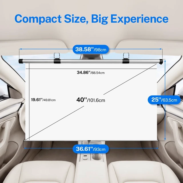 Alt view image 2 of 5 - 40 Inch Retractable Projector Screen for Car with Adjustable Loops for Headrests/Sun Visors Self-Locking Pull Down & Slow Retraction High Gain Wrinkle-Free, Universal for RV/Truck/Camping/Bedroom/Gift