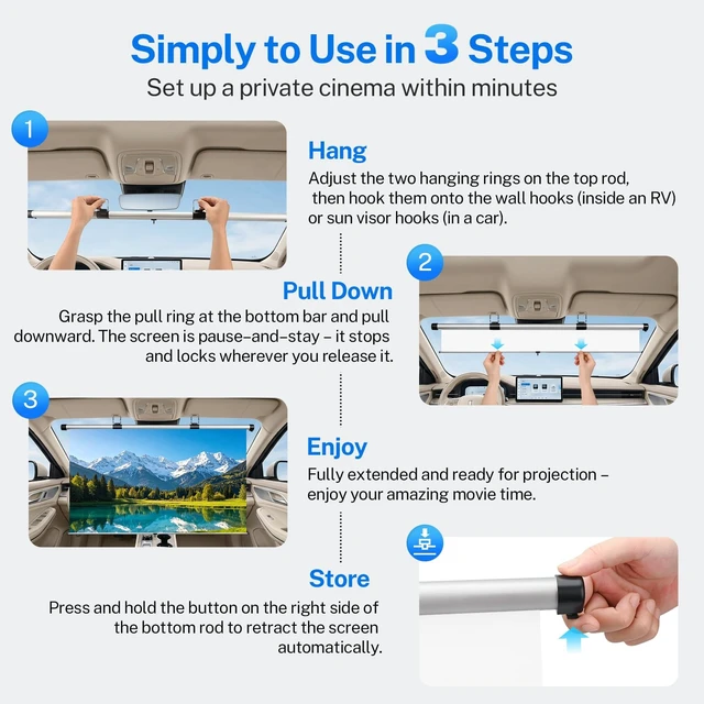 Alt view image 5 of 5 - 40 Inch Retractable Projector Screen for Car with Adjustable Loops for Headrests/Sun Visors Self-Locking Pull Down & Slow Retraction High Gain Wrinkle-Free, Universal for RV/Truck/Camping/Bedroom/Gift