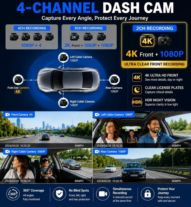 Alt view image 2 of 5 - ZYEIPO 4K 4-Channel 360 Wireless Dash Cam Front Rear Inside, WiFi GPS
