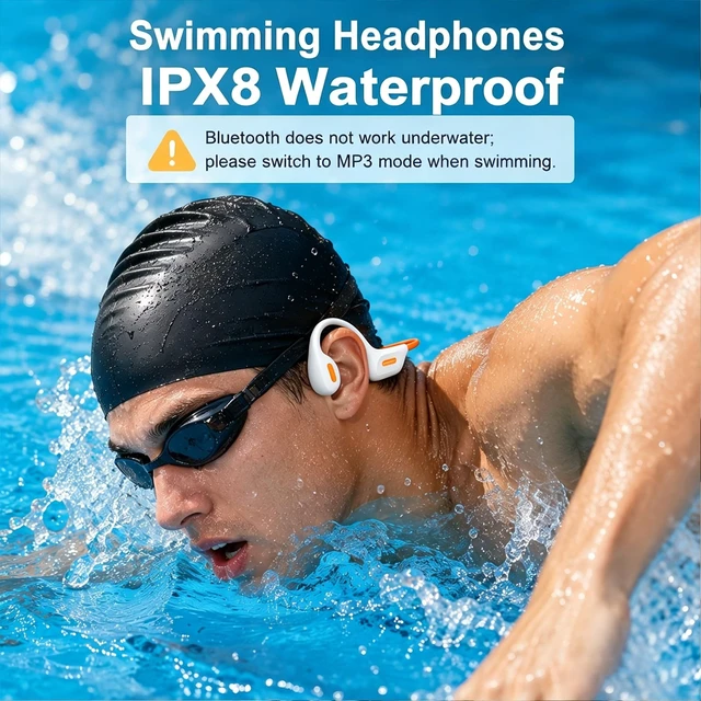 Alt view image 2 of 5 - Swimming Headphones Underwater, Bone Conduction Swimming Headphones IPX8 Waterproof Open Ear Headphones with 32GB Built-in MP3, Bluetooth 6.0 Dual Mode, Dual Device Pairing, Magnetic Charging(Beige