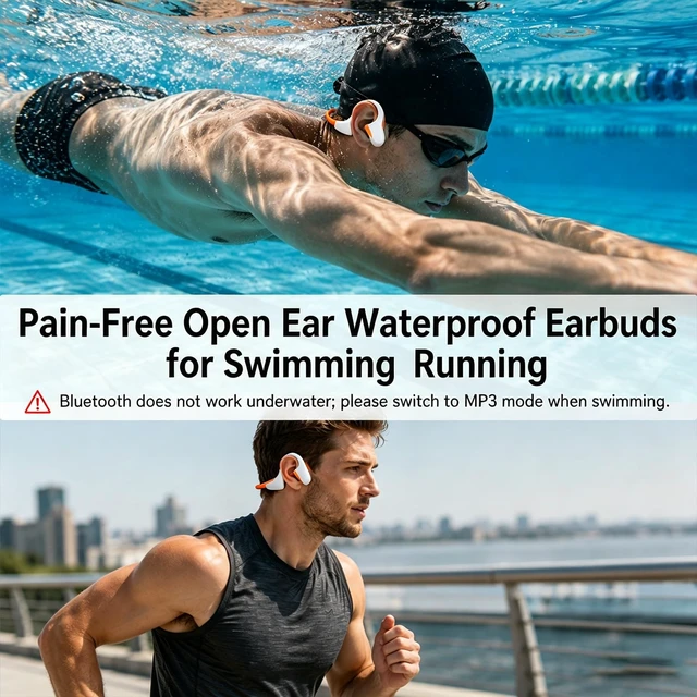 Alt view image 4 of 5 - Swimming Headphones Underwater, Bone Conduction Swimming Headphones IPX8 Waterproof Open Ear Headphones with 32GB Built-in MP3, Bluetooth 6.0 Dual Mode, Dual Device Pairing, Magnetic Charging(Beige