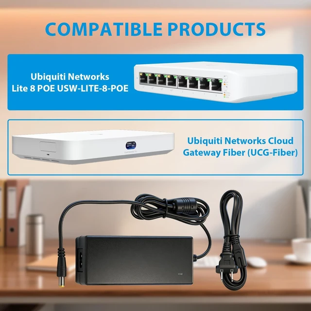 Alt view image 2 of 5 - 54V Power Adapter for Ubiquiti Network USW-Lite-8-PoE UniFi Lite 8 PoE 8-Port Gigabit Ethernet Switch NY-PW0L2-05401100 54VDC Power Supply Cord Charger