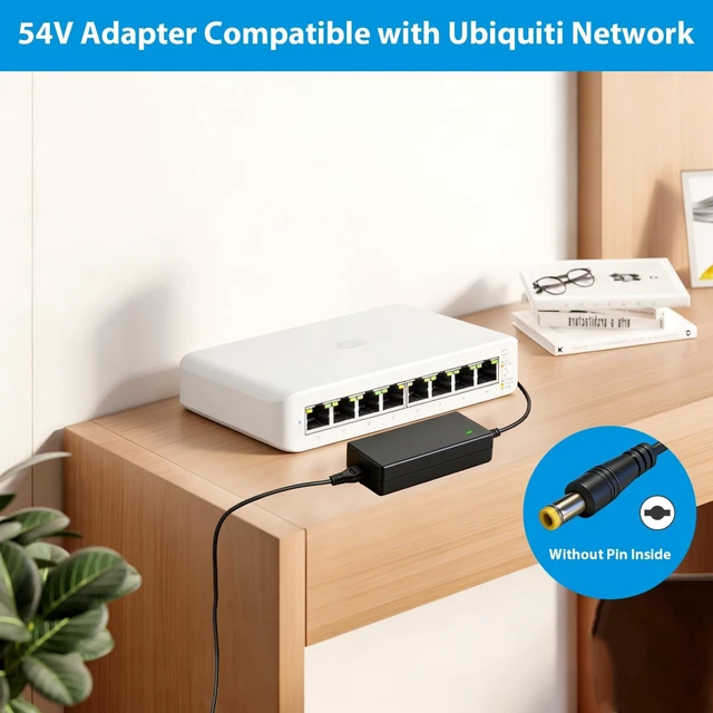 Alt view image 3 of 5 - 54V Power Adapter for Ubiquiti Network USW-Lite-8-PoE UniFi Lite 8 PoE 8-Port Gigabit Ethernet Switch NY-PW0L2-05401100 54VDC Power Supply Cord Charger