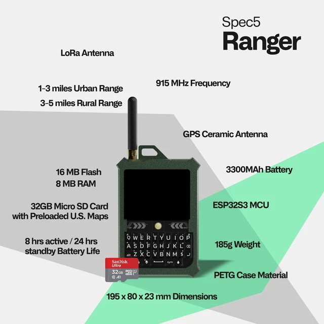 Alt view image 3 of 5 - Spec5 Ranger LoRa Meshtastic Device, Keyboard, Touchscreen, Offline US Map