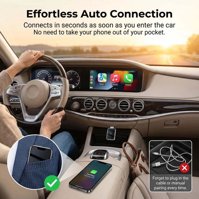 Alt view image 3 of 5 - Pniwuno Wireless Carplay Adapter for iPhone, Tiny Bluetooth Dongle Convert Wired to Wireless for Apple Car Play Plug & Play, Zero-Lag Auto-Connect GPS Works Universal for Most Cars (Blac