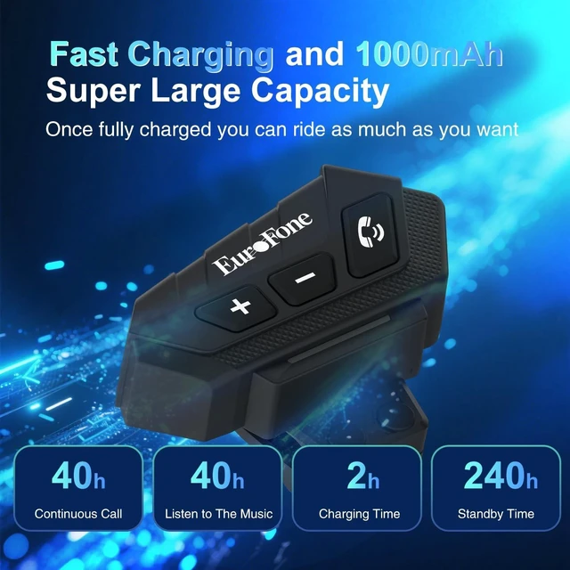Alt view image 2 of 5 - EuroFone S21 Motorcycle Bluetooth Headset Helmet Speaker & Mic, HiFi Stereo, Noise Cancellation, IP67 Waterproof Bluetooth Helmet Headset for Dirt Bike