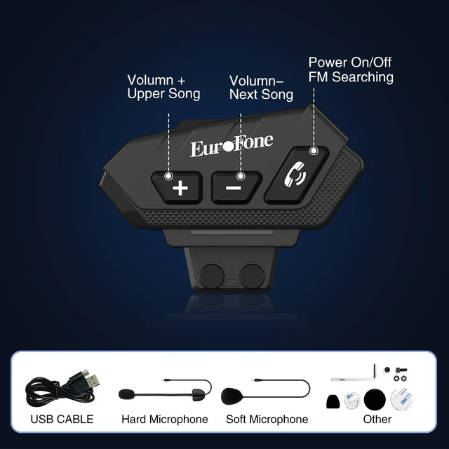 Alt view image 4 of 5 - EuroFone S21 Motorcycle Bluetooth Headset Helmet Speaker & Mic, HiFi Stereo, Noise Cancellation, IP67 Waterproof Bluetooth Helmet Headset for Dirt Bike