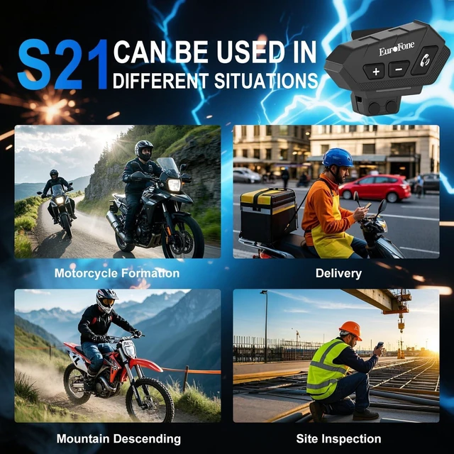 Alt view image 5 of 5 - EuroFone S21 Motorcycle Bluetooth Headset Helmet Speaker & Mic, HiFi Stereo, Noise Cancellation, IP67 Waterproof Bluetooth Helmet Headset for Dirt Bike