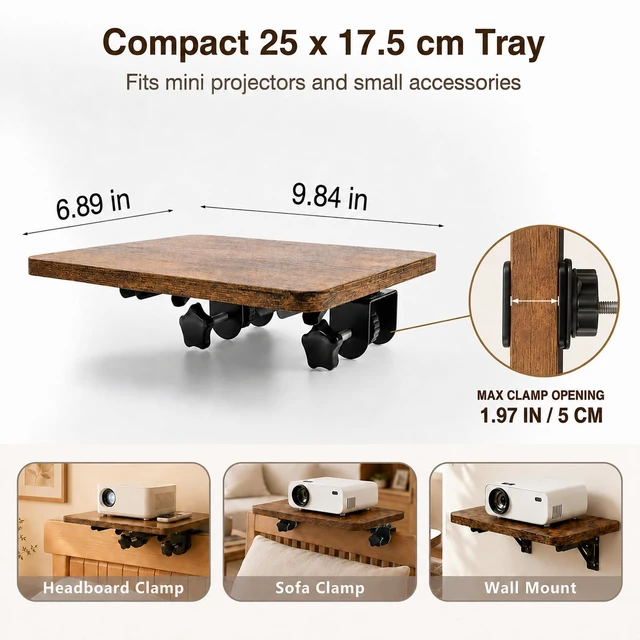 Alt view image 2 of 5 - Projector Stand for Bed, No Drill Wood Clamp Tray with Adjustable Mount
