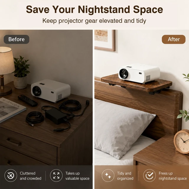 Alt view image 3 of 5 - Projector Stand for Bed, No Drill Wood Clamp Tray with Adjustable Mount