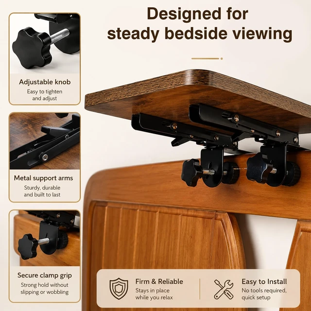 Alt view image 4 of 5 - Projector Stand for Bed, No Drill Wood Clamp Tray with Adjustable Mount