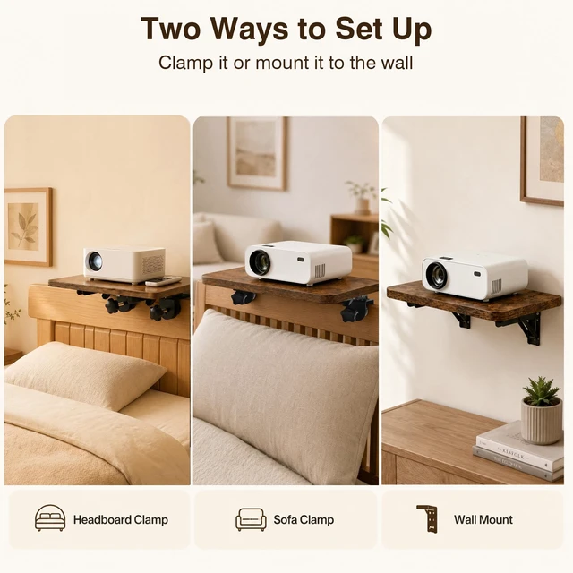 Alt view image 5 of 5 - Projector Stand for Bed, No Drill Wood Clamp Tray with Adjustable Mount