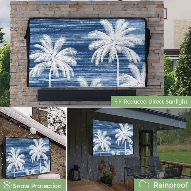 Alt view image 2 of 5 - Zefadutok Summer Palm Trees Outdoor TV Cover Tropical Coastal Rustic Navy Blue Abstract Waterproof Weatherproof TV Screen Protector with Remote Control Pocket for 60 to 65 Inch Television Outside