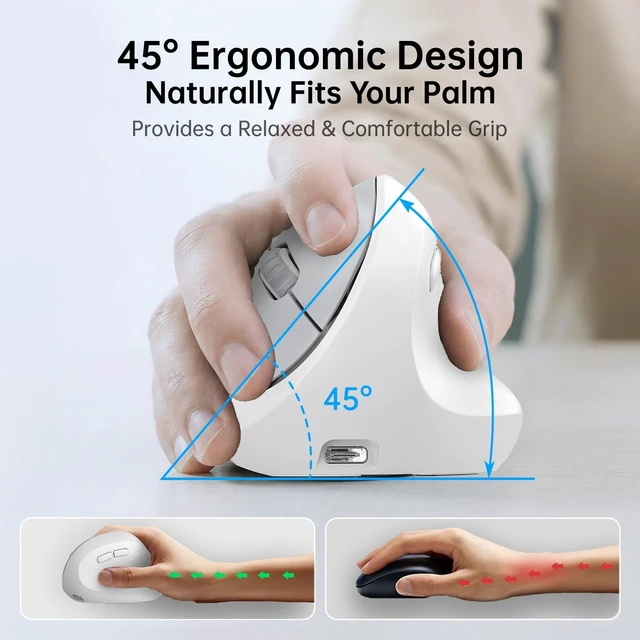 Alt view image 3 of 5 - PYP Ergonomic Vertical Wireless Mouse, Bluetooth 5.2/5.0 & 2.4G Tri-Mode, Type-C Rechargeable with Power Display, 6-Level Adjustable 8,000 DPI, Lightweight Quiet Click for Laptop Mac - White