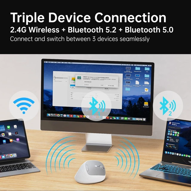 Alt view image 4 of 5 - PYP Ergonomic Vertical Wireless Mouse, Bluetooth 5.2/5.0 & 2.4G Tri-Mode, Type-C Rechargeable with Power Display, 6-Level Adjustable 8,000 DPI, Lightweight Quiet Click for Laptop Mac - White