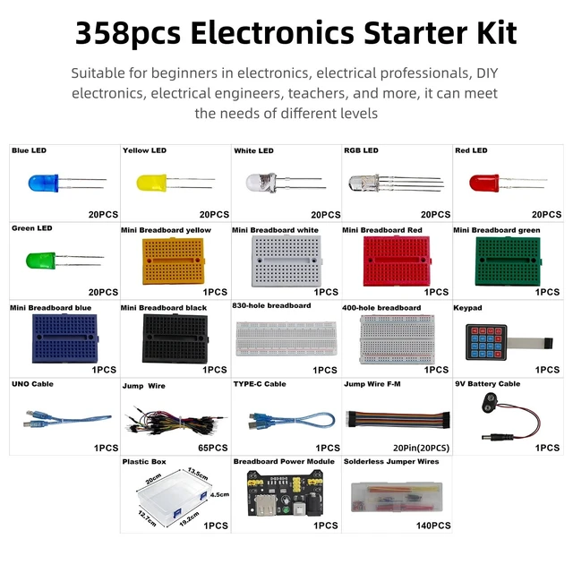 Alt view image 2 of 5 - Yetaida Electronics Component Fun Kit with 830 & 400 tie-Points Breadboard