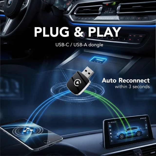 Alt view image 3 of 5 - 2026 Wireless CarPlay Adapter & Android Auto Wireless Adapter 2-in-1, Compatible with iPhone & Android, Plug & Play Car Play Dongle for Aftermarket Cars with Wired CarPlay, Support iOS &
