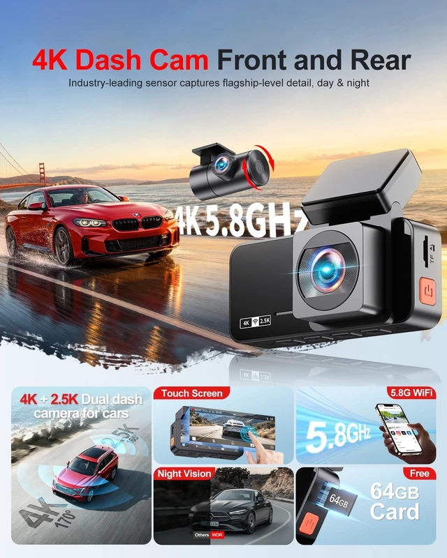 Alt view image 2 of 5 - Winail Dash Cam Front and Rear: 4K+2.5K Dash Camera for Cars Free 64GB Card