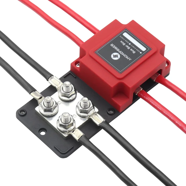 Alt view image 4 of 5 - Brliantux 400 Amp Bus Bar Box Copper Heavy-Duty Module with 8 x 3/8" (M10) Studs Terminals Battery Distribution Block DC 48V Black Red Enclosure Cover (Distribution Block)