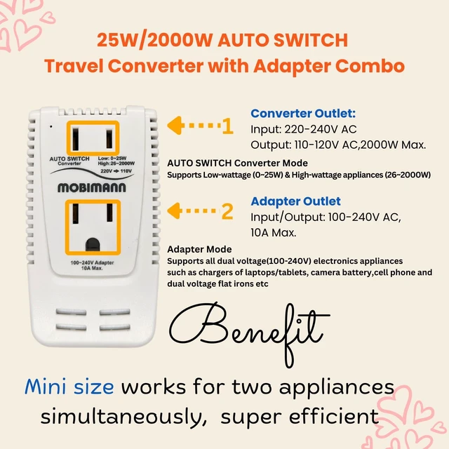 Alt view image 3 of 5 - MOBIMANN 220V to 110V Converter, 2000W Step Down Voltage Converter, 0-2000W Wide Range for Devices from Trimmer to Dryer Straightener Curling Iron.UK,EU,AU,US Travel Adapter for Laptops,Tablets,Phones