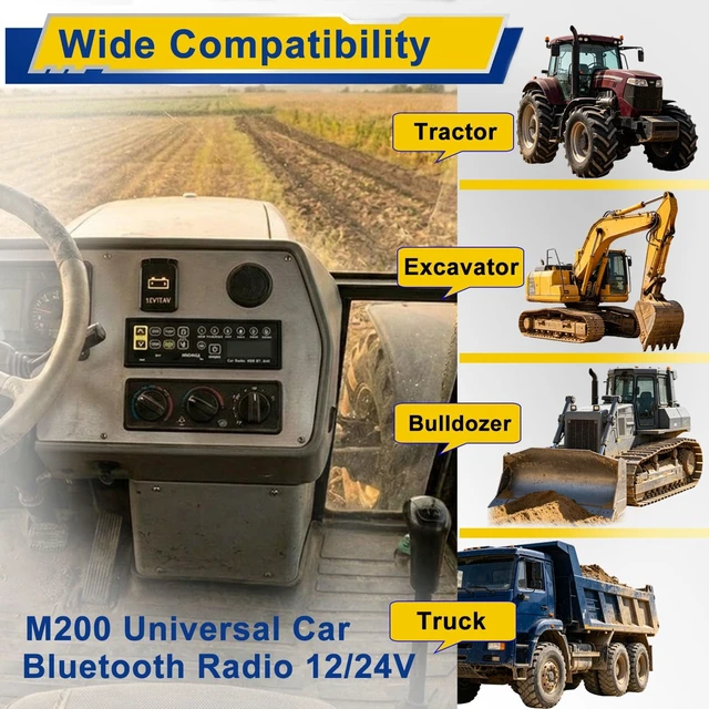 Alt view image 5 of 5 - ackacoo Universal M200 Bluetooth Tractor Excavator Radio USB AUX-in AM/FM