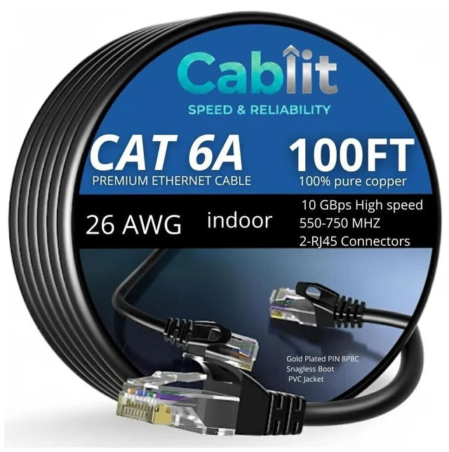 Main image of CABLIT Cat6A Ethernet Cable 100ft 10Gbps 26AWG Bare Copper UTP, 550MHz High-Speed LAN Network Patch Cord, Snagless RJ45 Gold-Plated Connectors, Black
