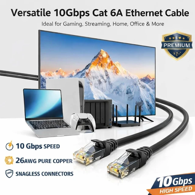 Alt view image 4 of 5 - CABLIT Cat6A Ethernet Cable 100ft 10Gbps 26AWG Bare Copper UTP, 550MHz High-Speed LAN Network Patch Cord, Snagless RJ45 Gold-Plated Connectors, Black