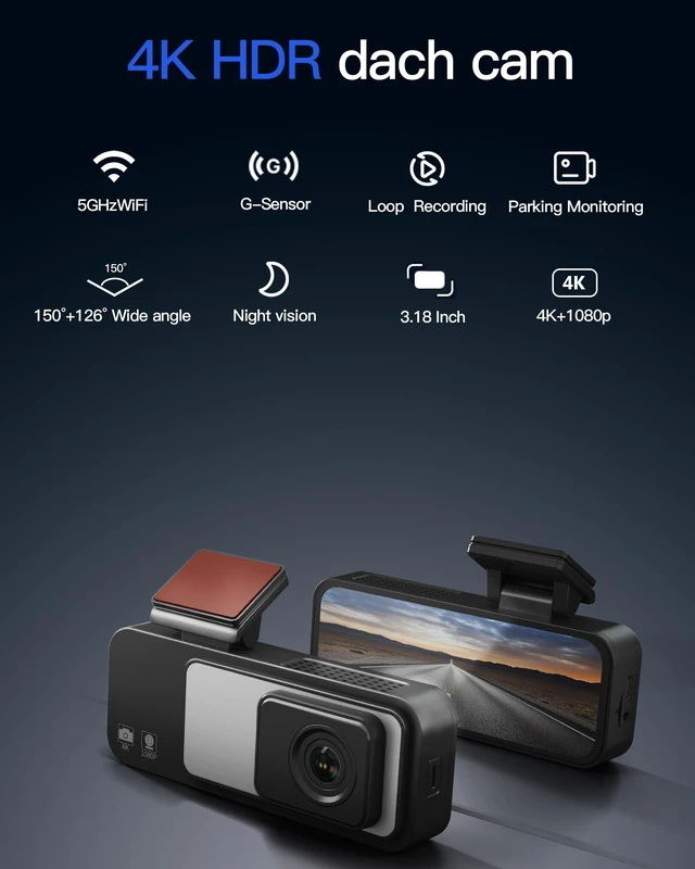 Alt view image 4 of 5 - 4K Dash Cam Front and Rear 3.2in HD Wireless Mounted Camera for Cars,Built-in 5GWiFi&G-Sensor,Super Night Vision,HDR, Loop Recording App Control 24 Hours Parking Monitor Included 32GB Card