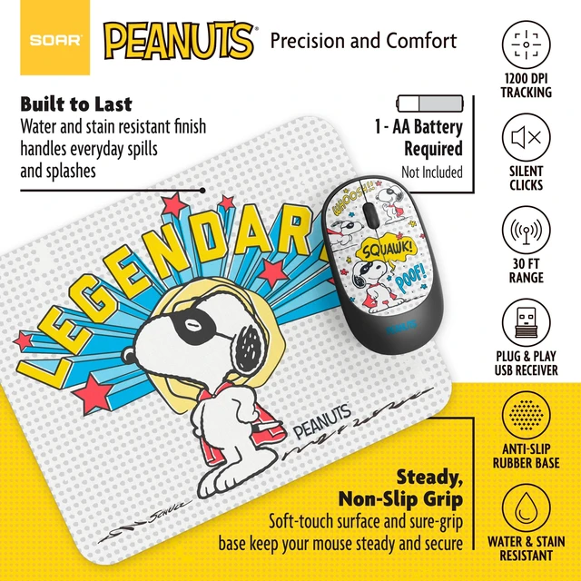 Alt view image 5 of 5 - SOAR Peanuts Snoopy Mouse and Mouse Pad Combo, Snoopy and Woodstock Hug - Red