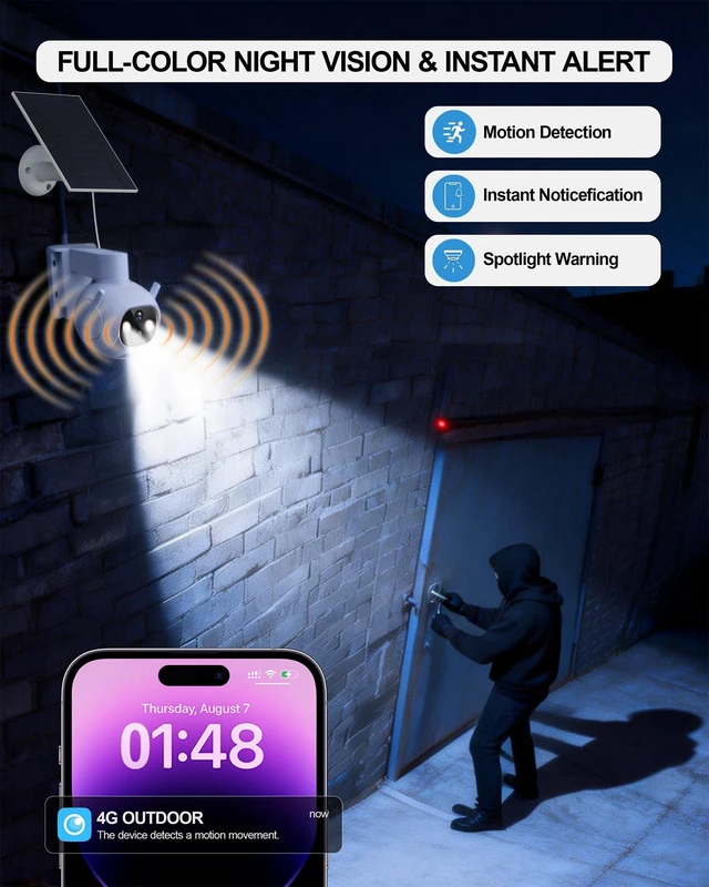 Alt view image 4 of 5 - woomo 4G LTE Cellular Security Camera, No WiFi Needed, Solar Powered with Built-in eSIM, 2K Pan Tilt, PIR Motion Detection & Auto Tracking, Color Night Vision for Farm, Ranch, Barn & RV