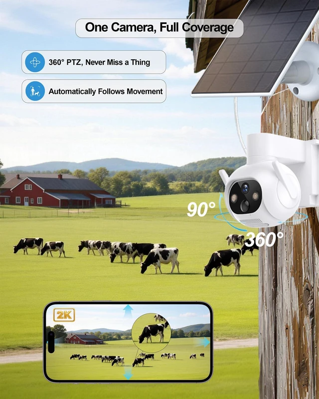 Alt view image 3 of 5 - woomo 4G LTE Cellular Security Camera, No WiFi Needed, Solar Powered with Built-in eSIM, 2K Pan Tilt, PIR Motion Detection & Auto Tracking, Color Night Vision for Farm, Ranch, Barn & RV
