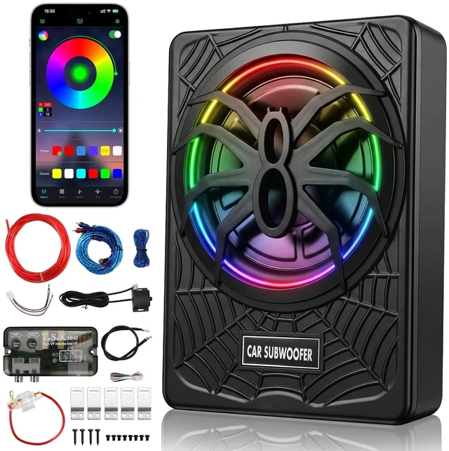 Main image of Vevitts 10 inch Subwoofer, Underseat Car 1800W Slim Subwoofer with Light, Enhanced Bass and Powered Subwoofer Car Audio with Mounting Wire Kit Fit Truck SUV Jeep MPV